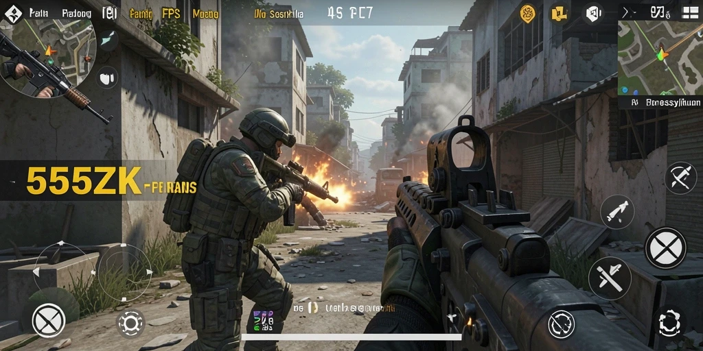 Tampilan gameplay intens dari 555ZK dengan aksi FPS yang mendebarkan.