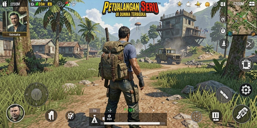 Screenshot F200M menampilkan eksplorasi dunia terbuka yang luas.