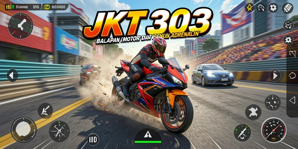 Screenshot gameplay JKT303 menampilkan aksi balapan motor yang menegangkan.