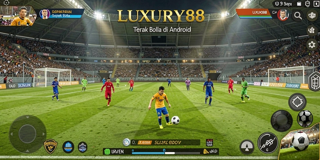 Screenshot utama LUXURY88 memperlihatkan aksi seru di lapangan sepak bola.