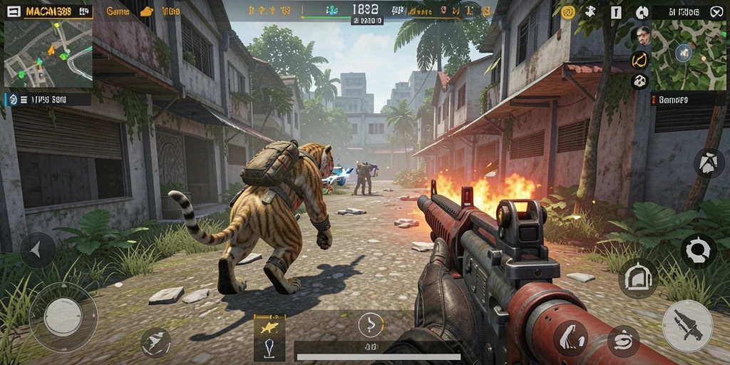 Screenshot gameplay <strong>MACAN388</strong> menampilkan aksi tembak-menembak yang intens.