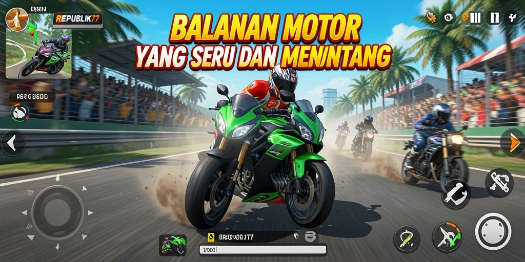 Screenshot game REPUBLIK77 menampilkan aksi balapan motor yang mendebarkan.