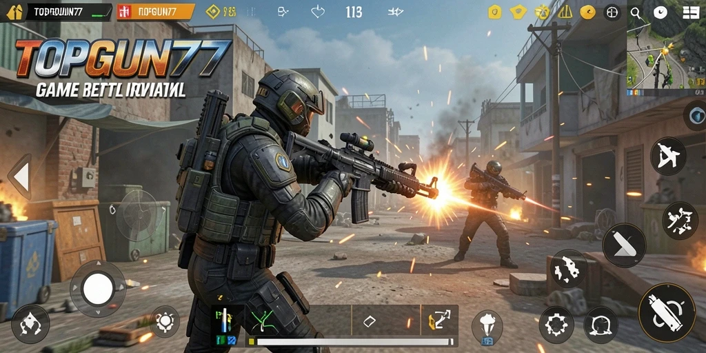 Screenshot permainan TOPGUN77 yang menampilkan aksi menegangkan di arena Battle Royale.