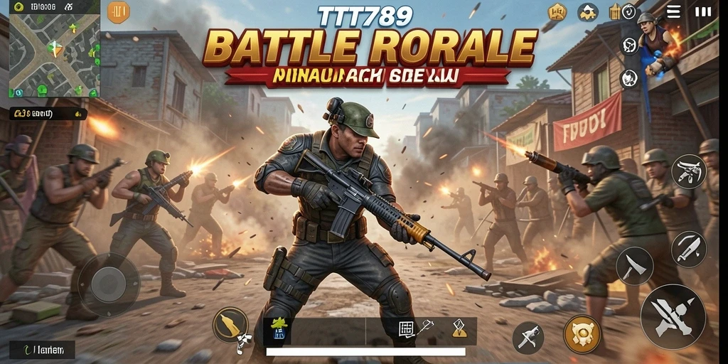 Screenshot gameplay TT789 menampilkan aksi bertempur intens di arena Battle Royale.